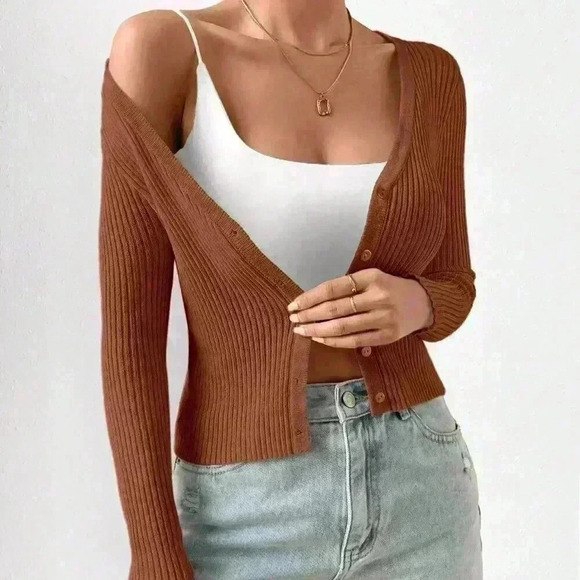 Coffee Brown Casual Women's Slim Fit V-Neck Long Sleeve Short Cardigan - Picture 5 of 7